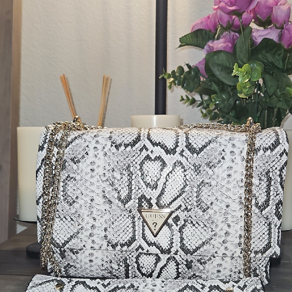 Guess White and Black Snake Print Crossbody Bag